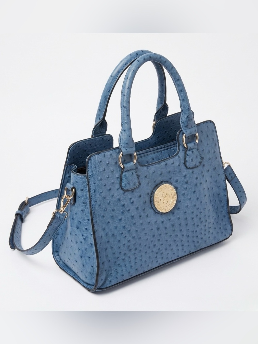 Structured Blue Ostrich-Texture Shoulder Satchel with Gold Medallion